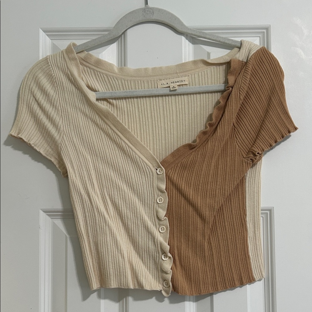 LA Hearts Beige and Brown Ribbed Crop Top